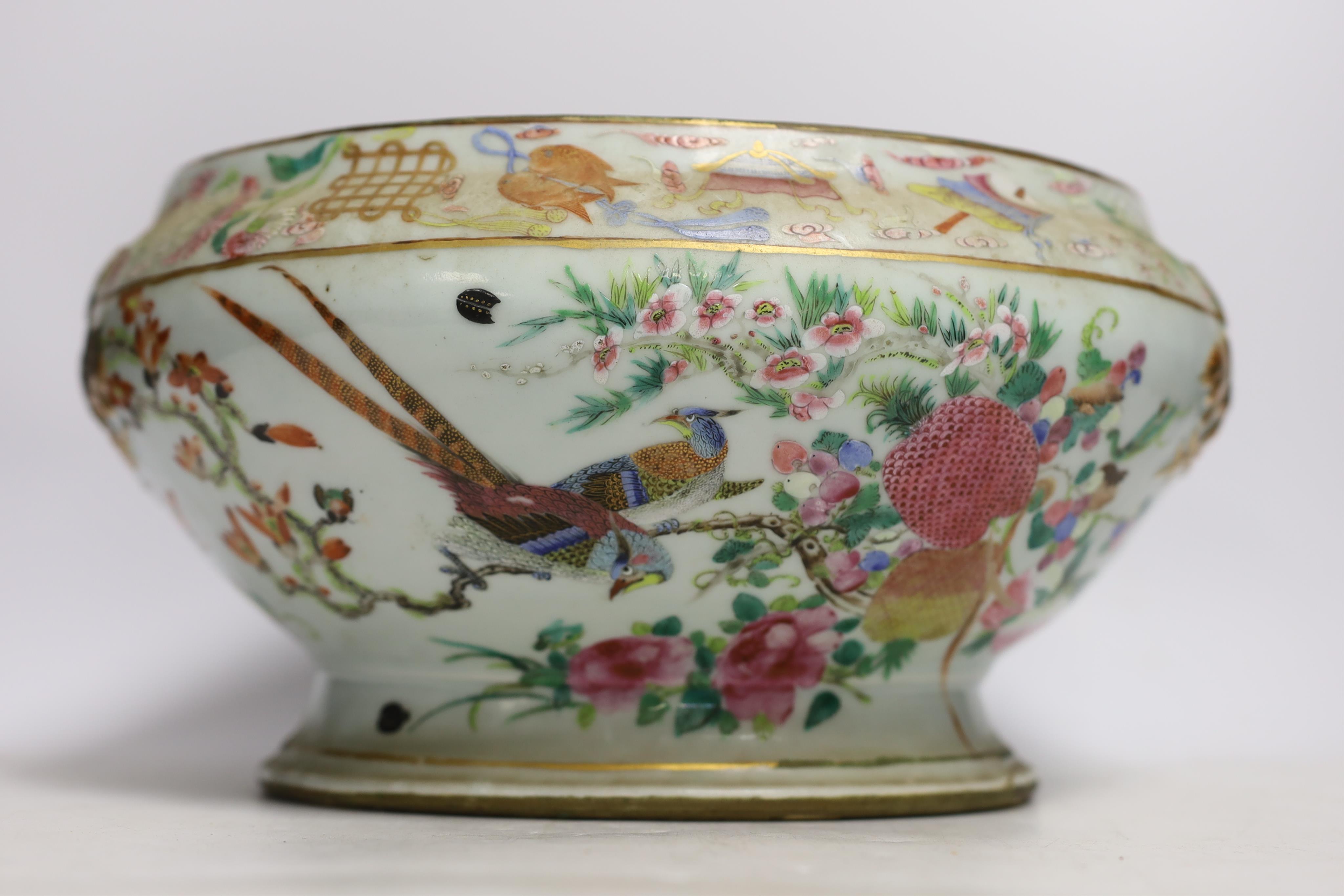 A 19th century Chinese famille rose tureen (lacking cover), a bronze mirror, a brush pot, a crackle glazed teabowl and a pair of Japanese yellow glazed satsuma jars and covers, tallest 18cm (6)